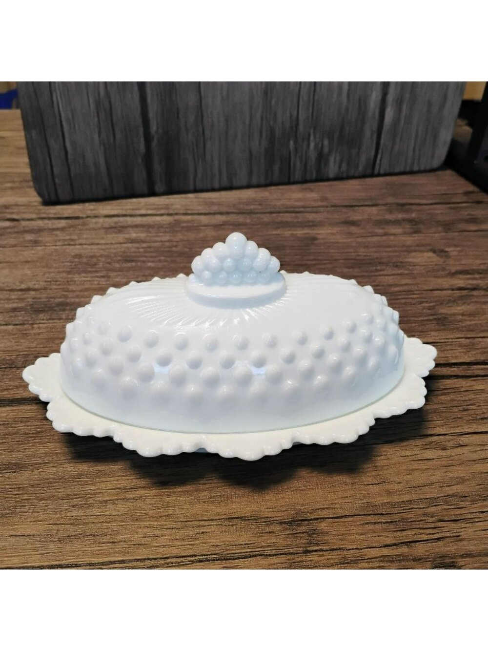 Vintage Fenton White Milk Glass Hobnail Oval Covered Butter Dish, with Lid